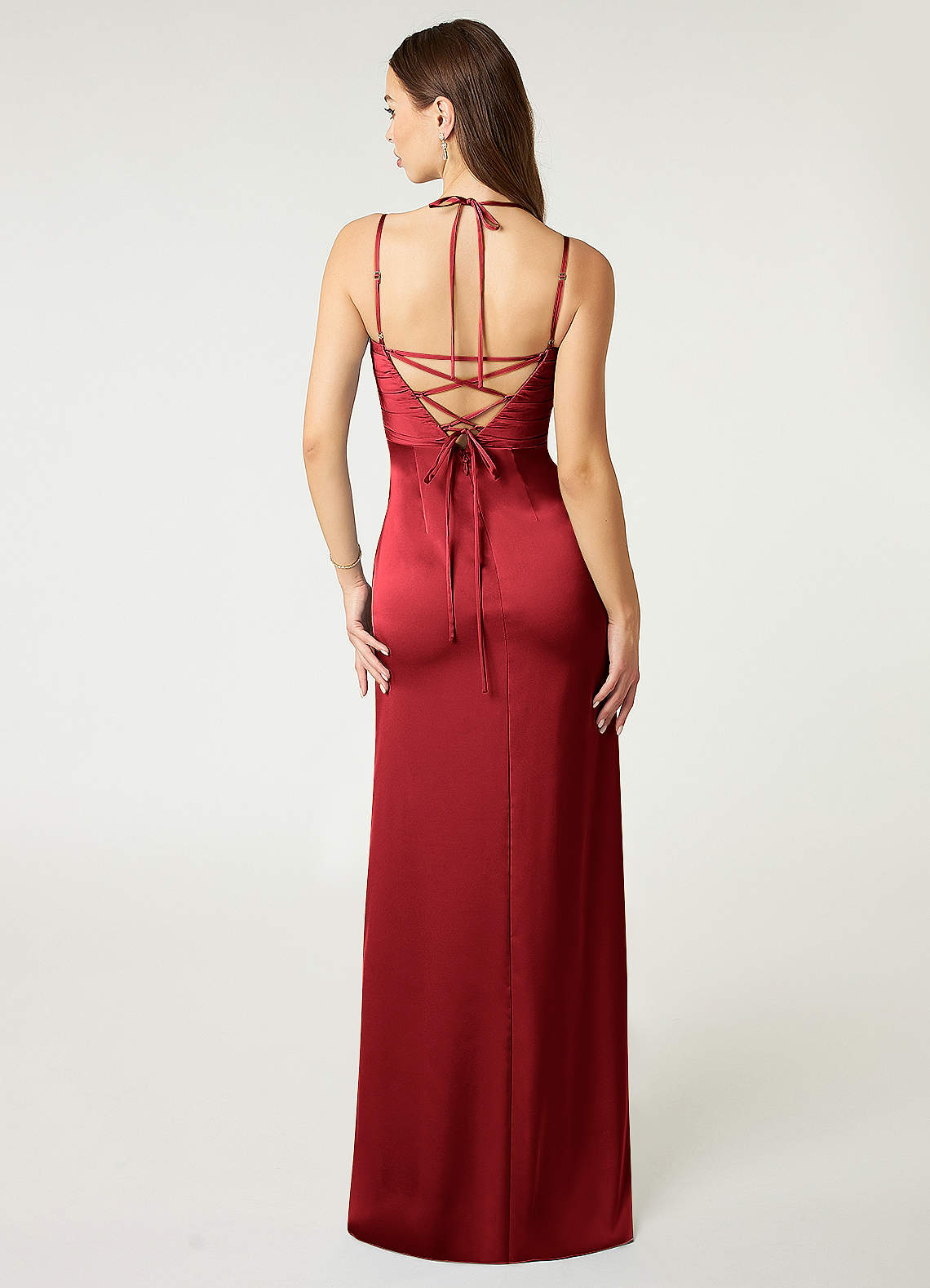 Desi Sheath Halter Stretch Satin Bridesmaid Dress in Scarlet