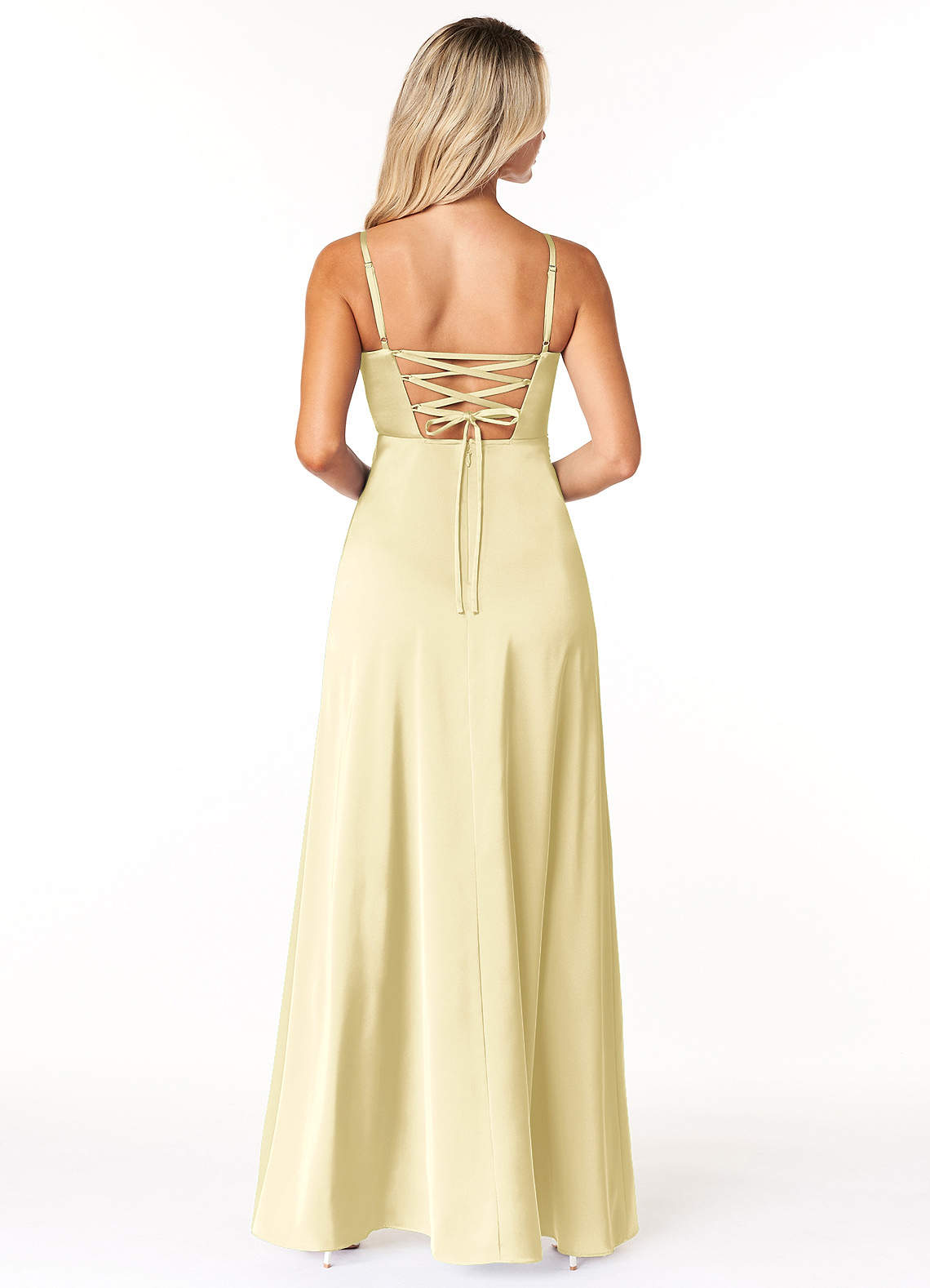 Marchella A-Line V-Neck Stretch Satin Bridesmaid Dress in Lemon Sorbet