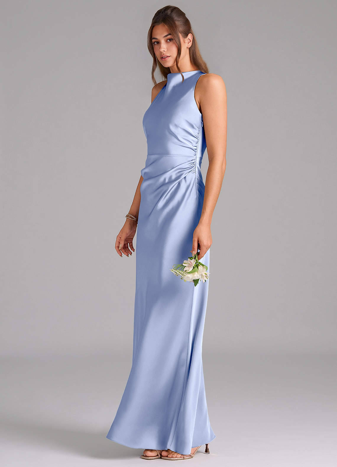 Evadne Sheath Scoop-Neck Stretch Satin Bridesmaid Dress in Ice