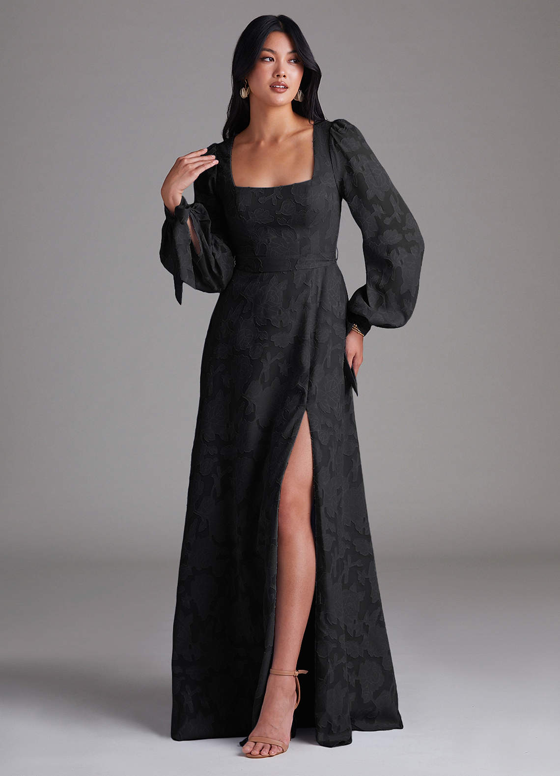 Leonia A-Line Square-Neck Stretch Satin Bridesmaid Dress in black