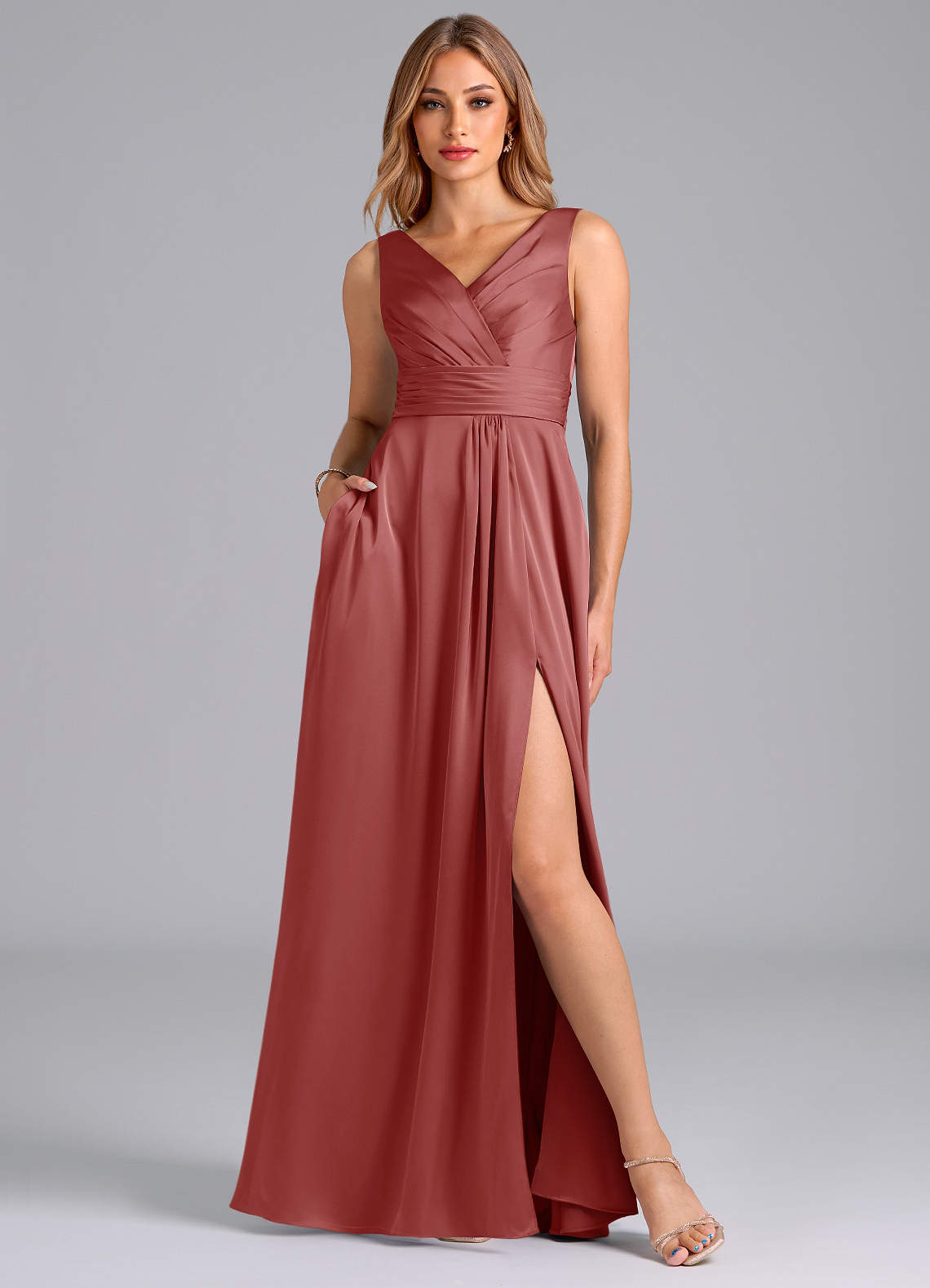 Karina A-Line V-Neck Stretch Satin Bridesmaid Dress in Antique Rose