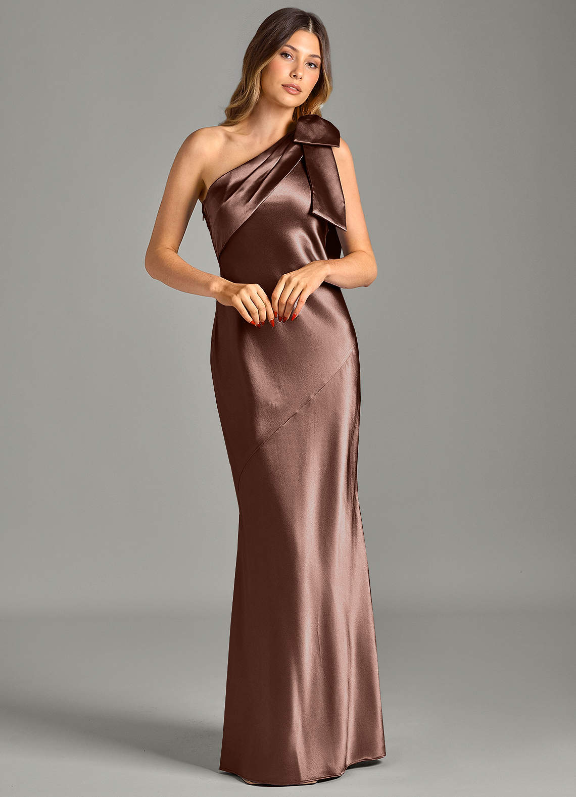 Yuanna Mermaid One-Shoulder Metallic Satin Bridesmaid Dress in Espresso