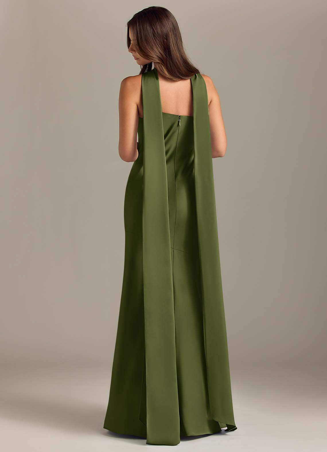 Kinsley Mermaid Halter Stretch Satin Bridesmaid Dress in Olive