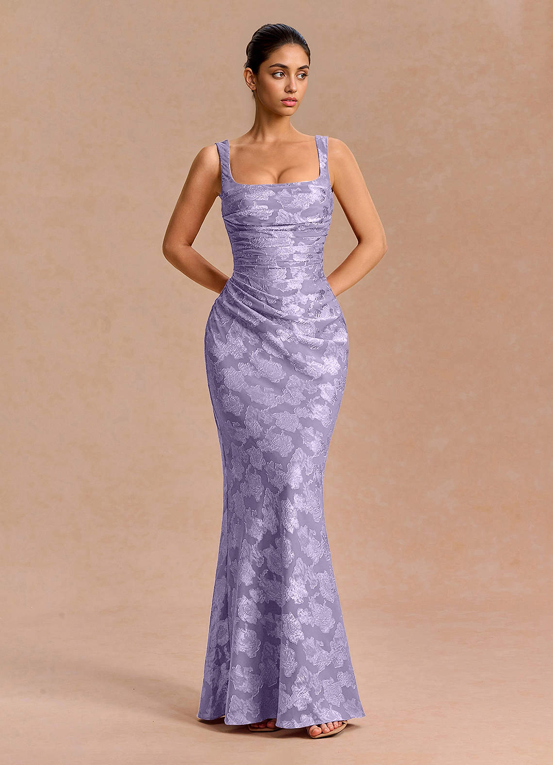 Agustina Square-Neck Pleated Fil Coupé Evening Dress in Lilac