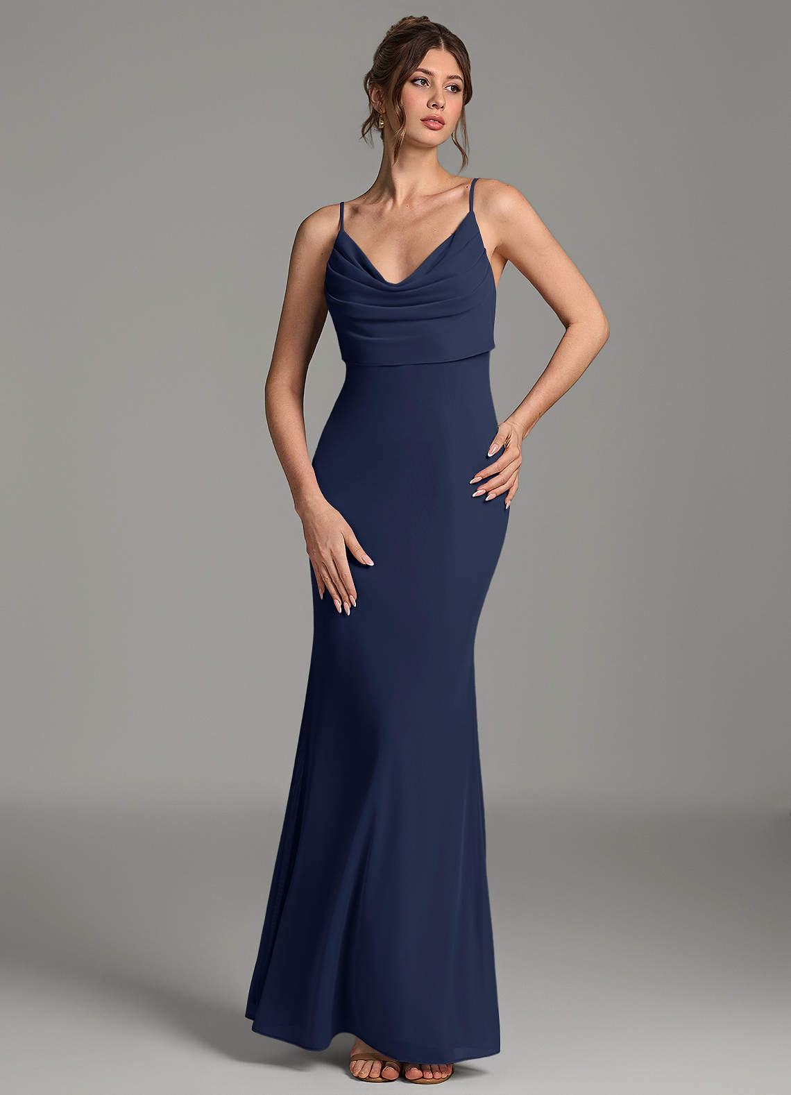 Zari Mermaid Cowl-Neck Mesh Bridesmaid Dress in Dark Navy