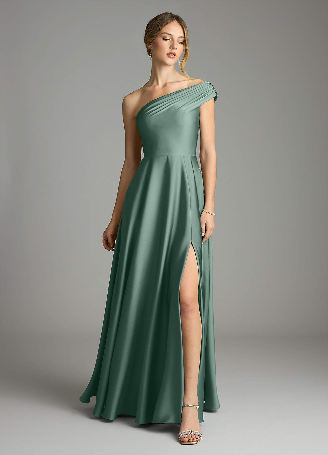 Melanie A-Line One-Shoulder Stretch Satin Bridesmaid Dress in Eucalyptus