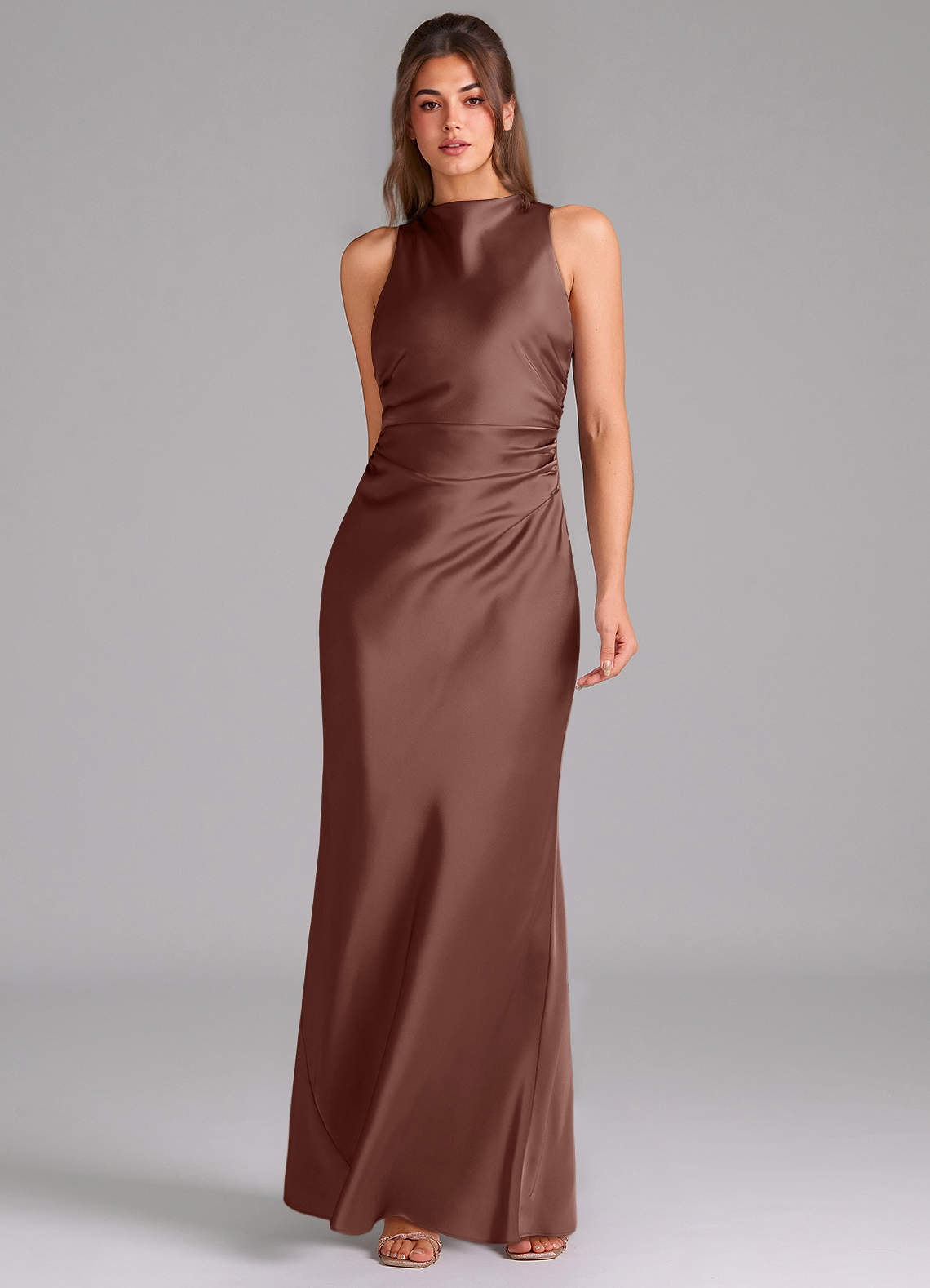 Evadne Sheath Scoop-Neck Stretch Satin Bridesmaid Dress in Espresso