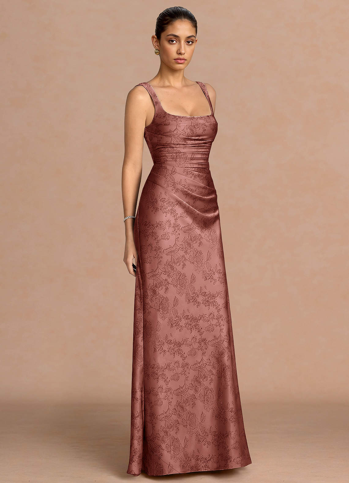 Agustina Square-Neck Pleated Jacquard Evening Dress in Vintage Rose