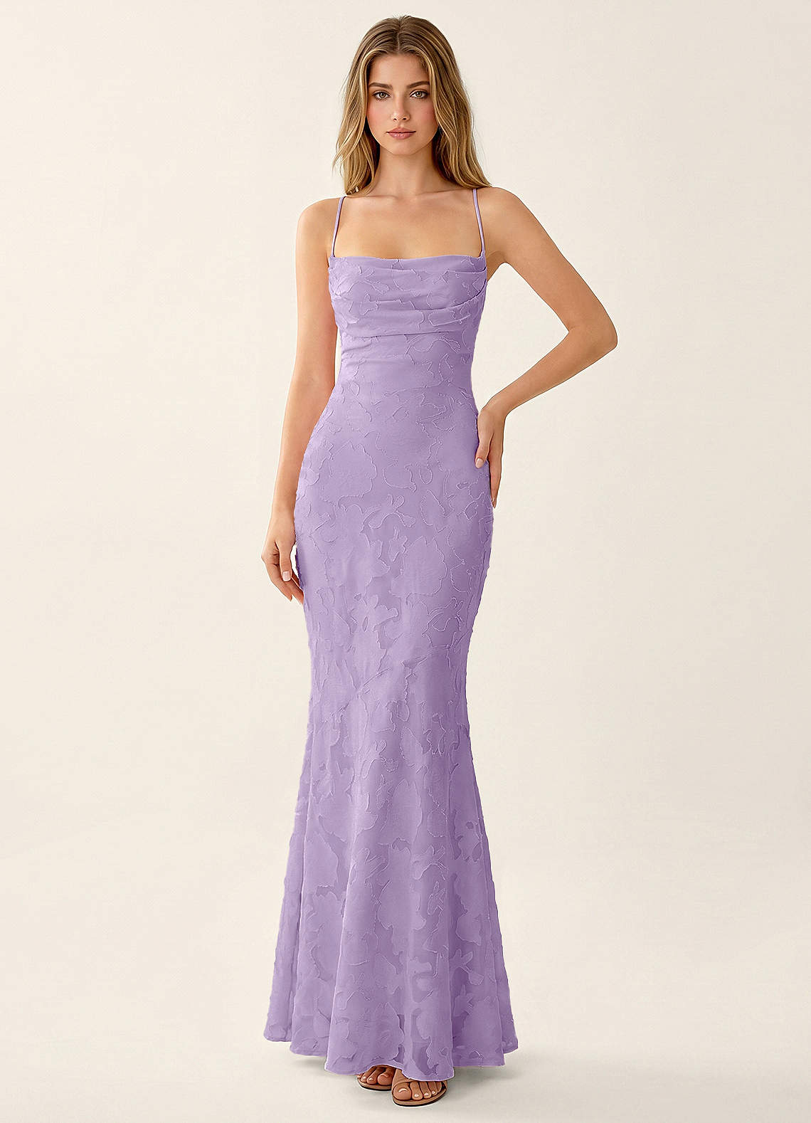Natasha Mermaid Spaghetti-Strap Floral Burnout Evening Dress in Lilac
