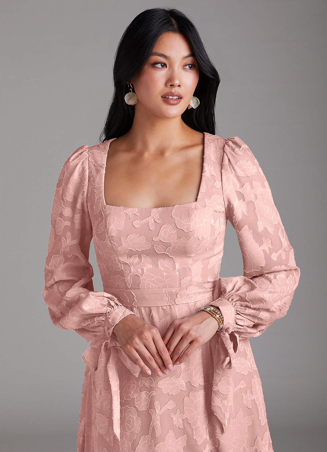 Leonia A-Line Square-Neck Stretch Satin Bridesmaid Dress in Powder Pink