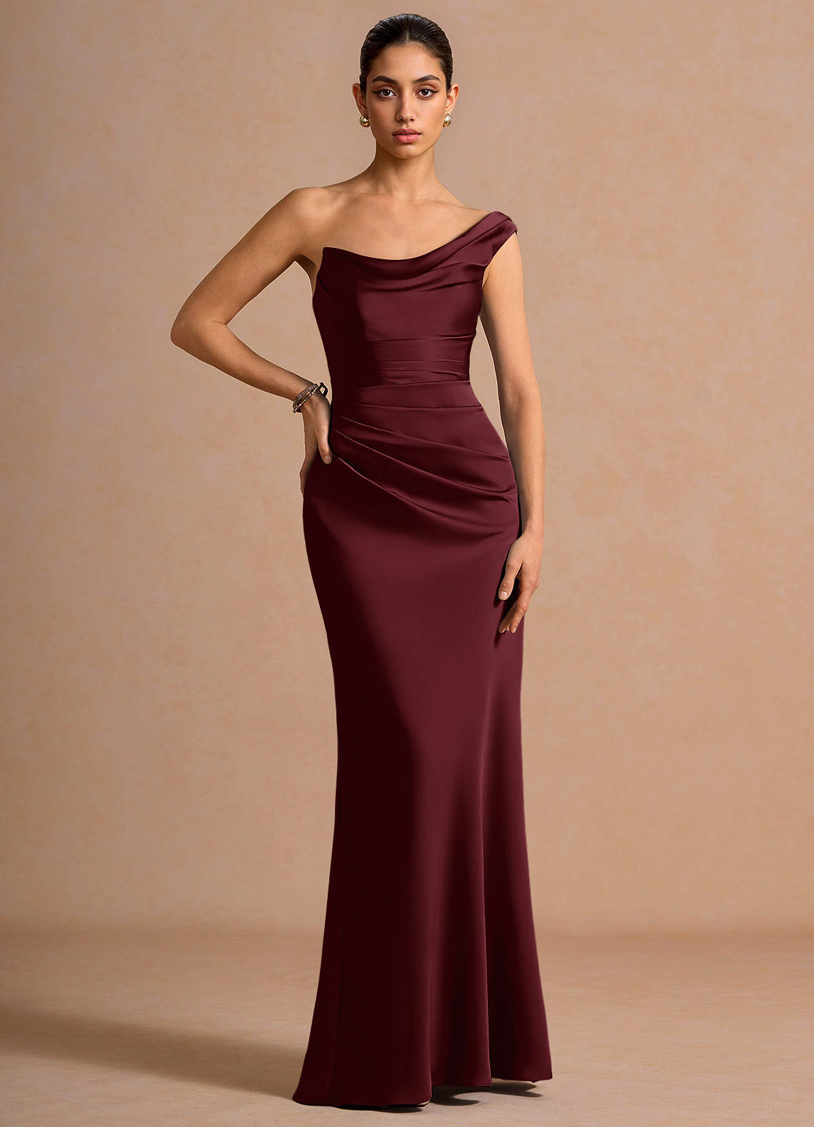 Cassiopeia One-Shoulder Draped Stretch Satin Evening Dress in Wine