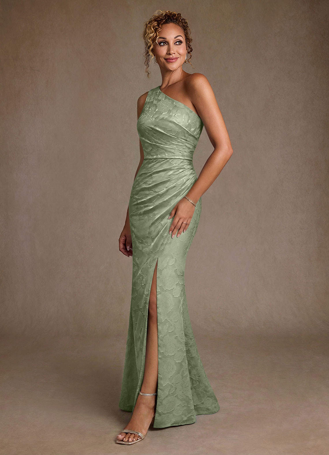 Joylin Trumpet One-Shoulder Floral Burnout Mother of the Bride Dress in Agave