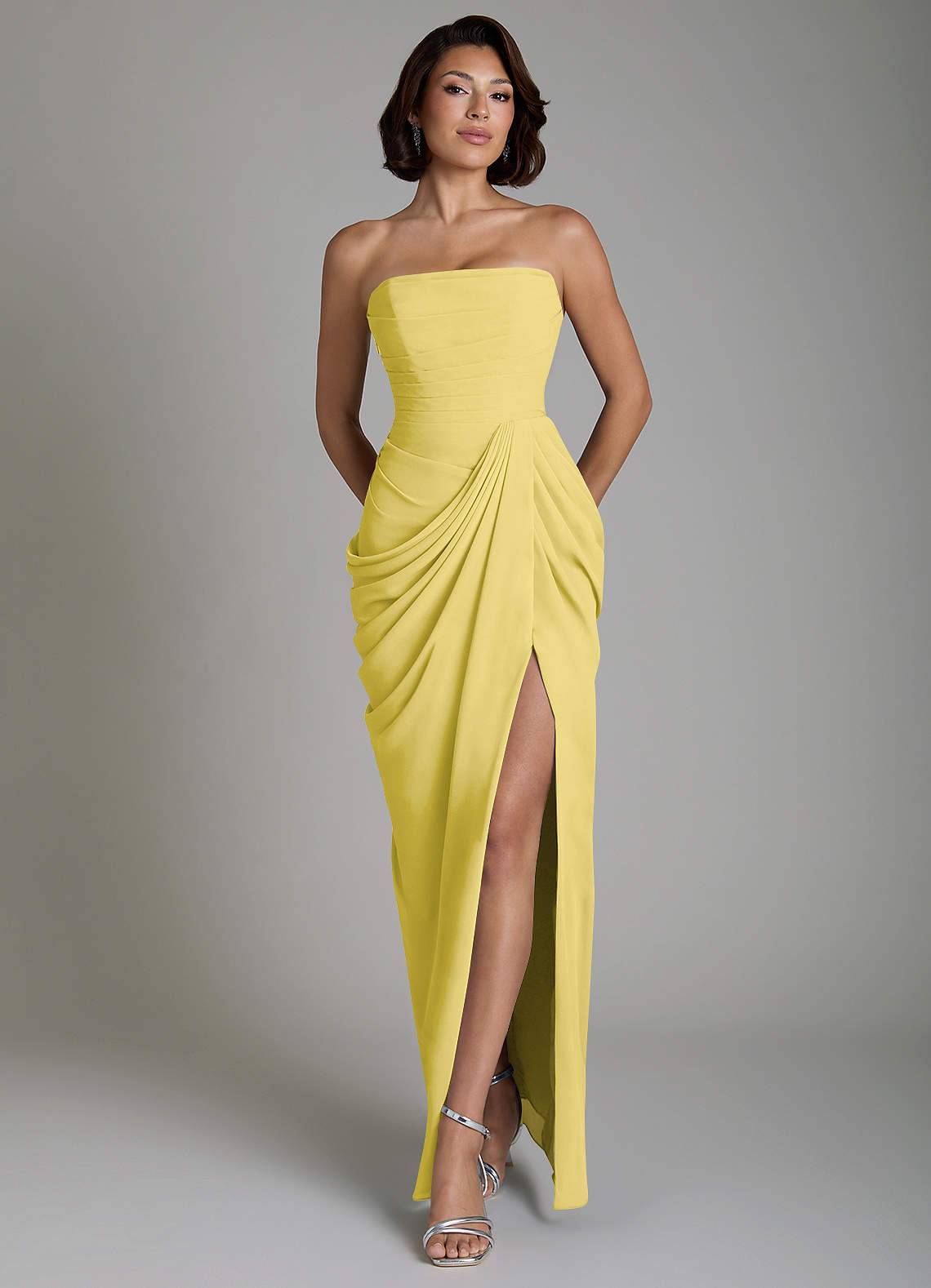 Nyra Sheath Strapless Chiffon Bridesmaid Dress in Canary