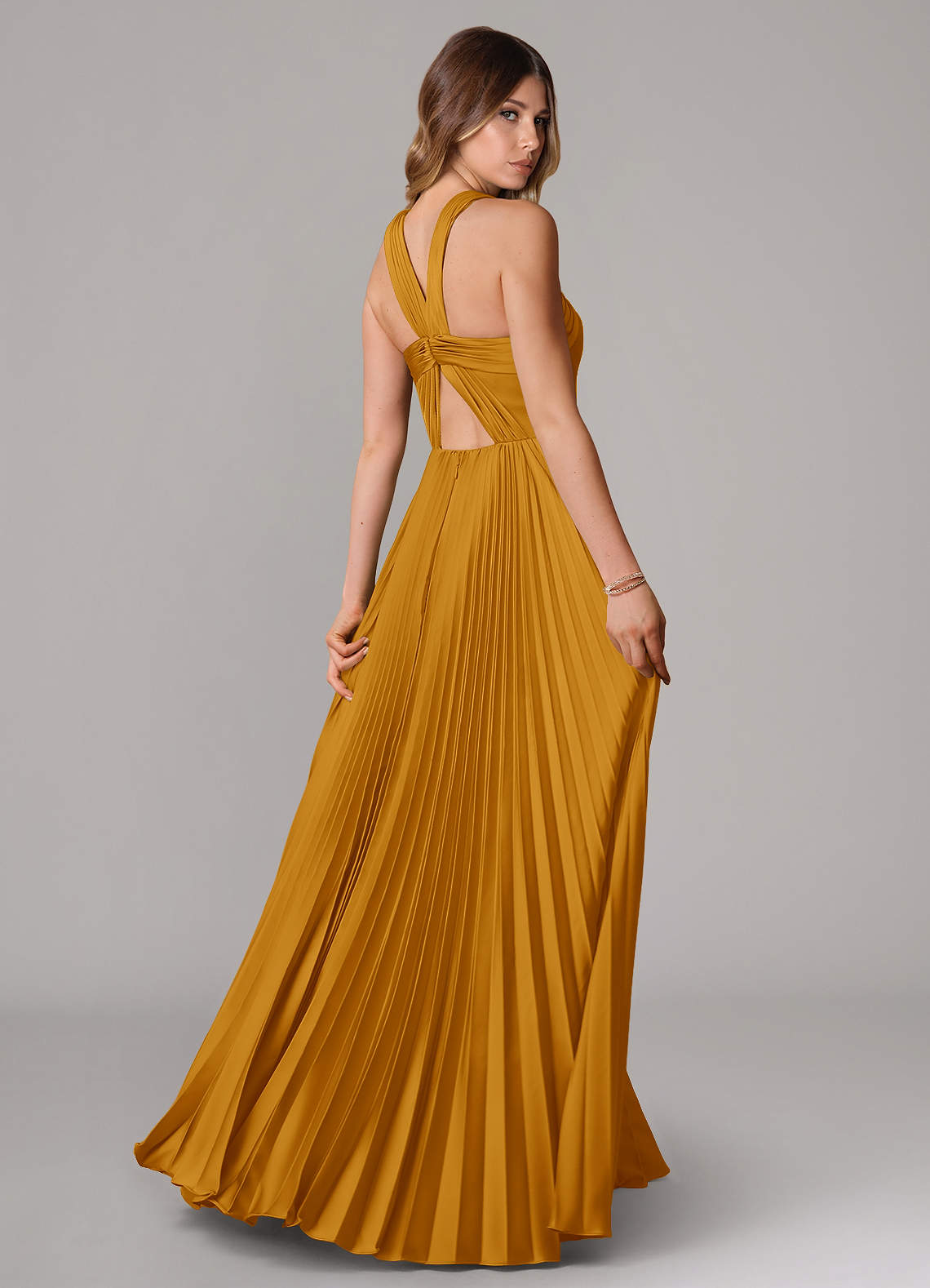 Afra A-Line Halter-Neck Stretch Satin Bridesmaid Dress in butterscotch