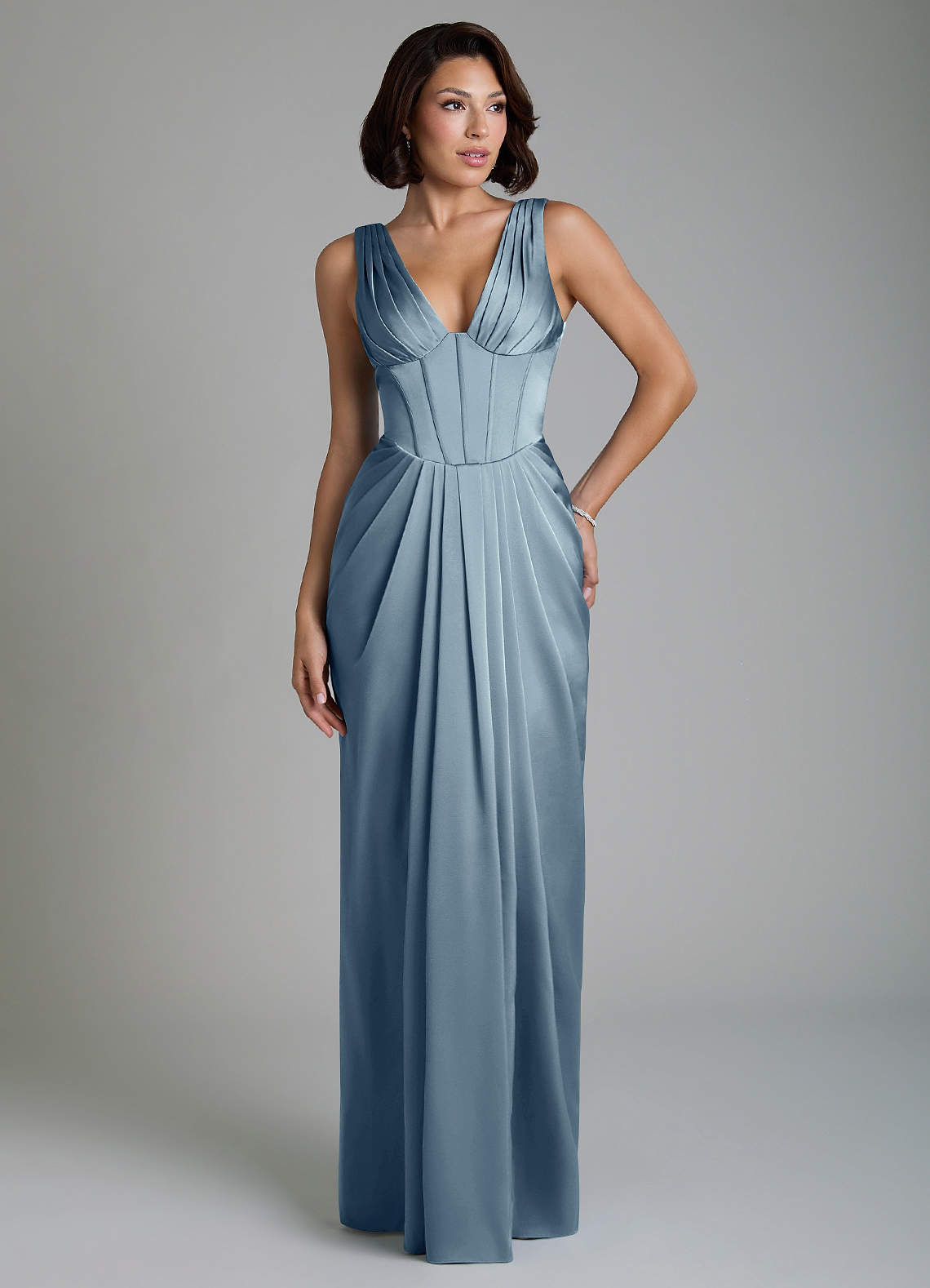 Vanya Sheath V-Neck Stretch Satin Bridesmaid Dress in dusty blue