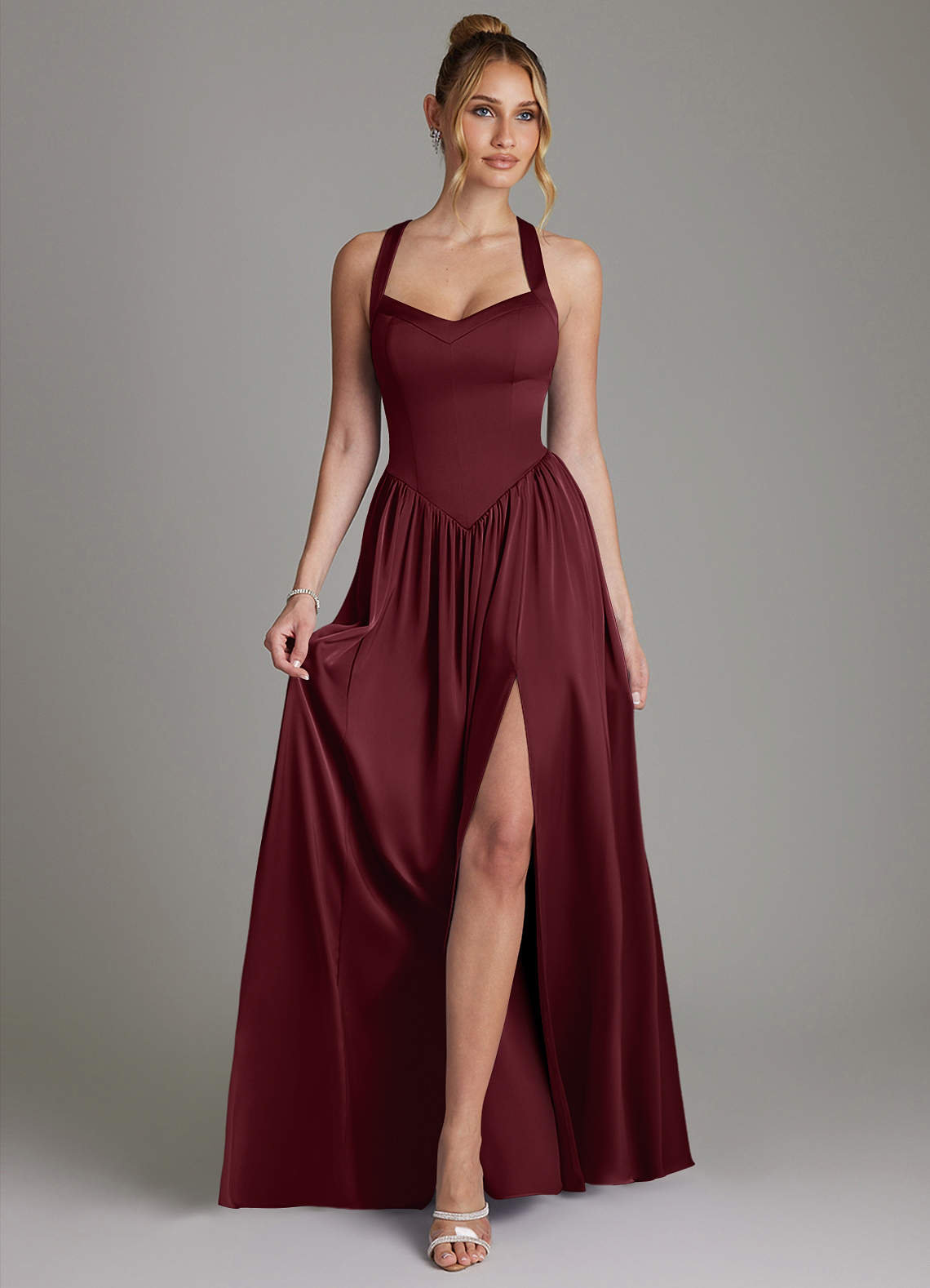 Francis A-Line V-Neck Stretch Satin Bridesmaid Dress in Cabernet