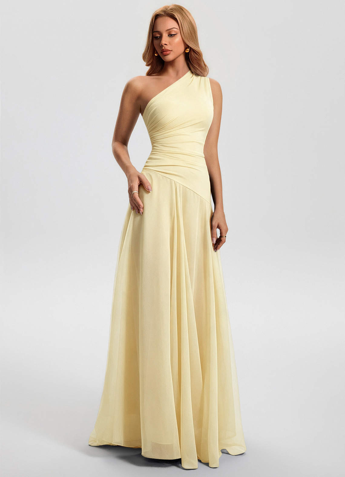 Sylvaine A-Line One-Shoulder Chiffon Wedding Guest Dress in Lemon Sorbet