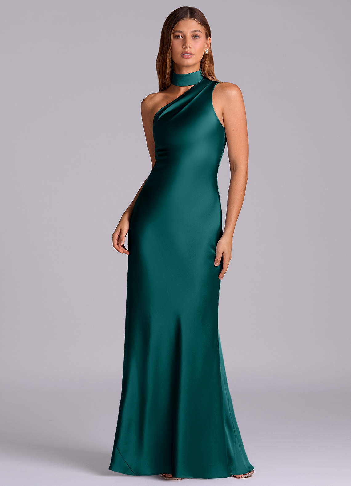 Seona Mermaid One-Shoulder Stretch Satin and Tulle Bridesmaid Dress in Peacock
