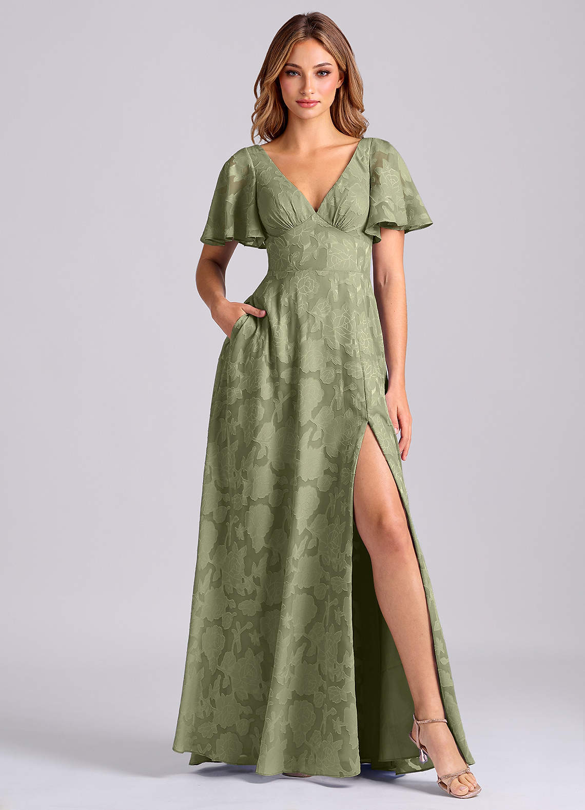 Kimber A-Line V-Neck Floral Burnout Bridesmaid Dress in Pistachio