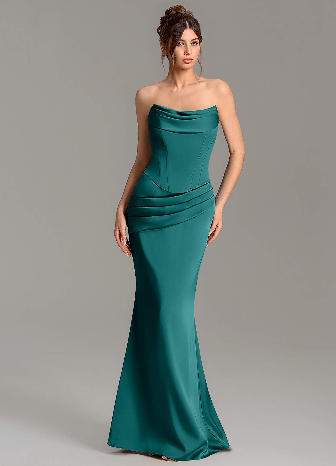 Adrienne Mermaid Cowl-Neck Stretch Satin Bridesmaid Dress in Peacock
