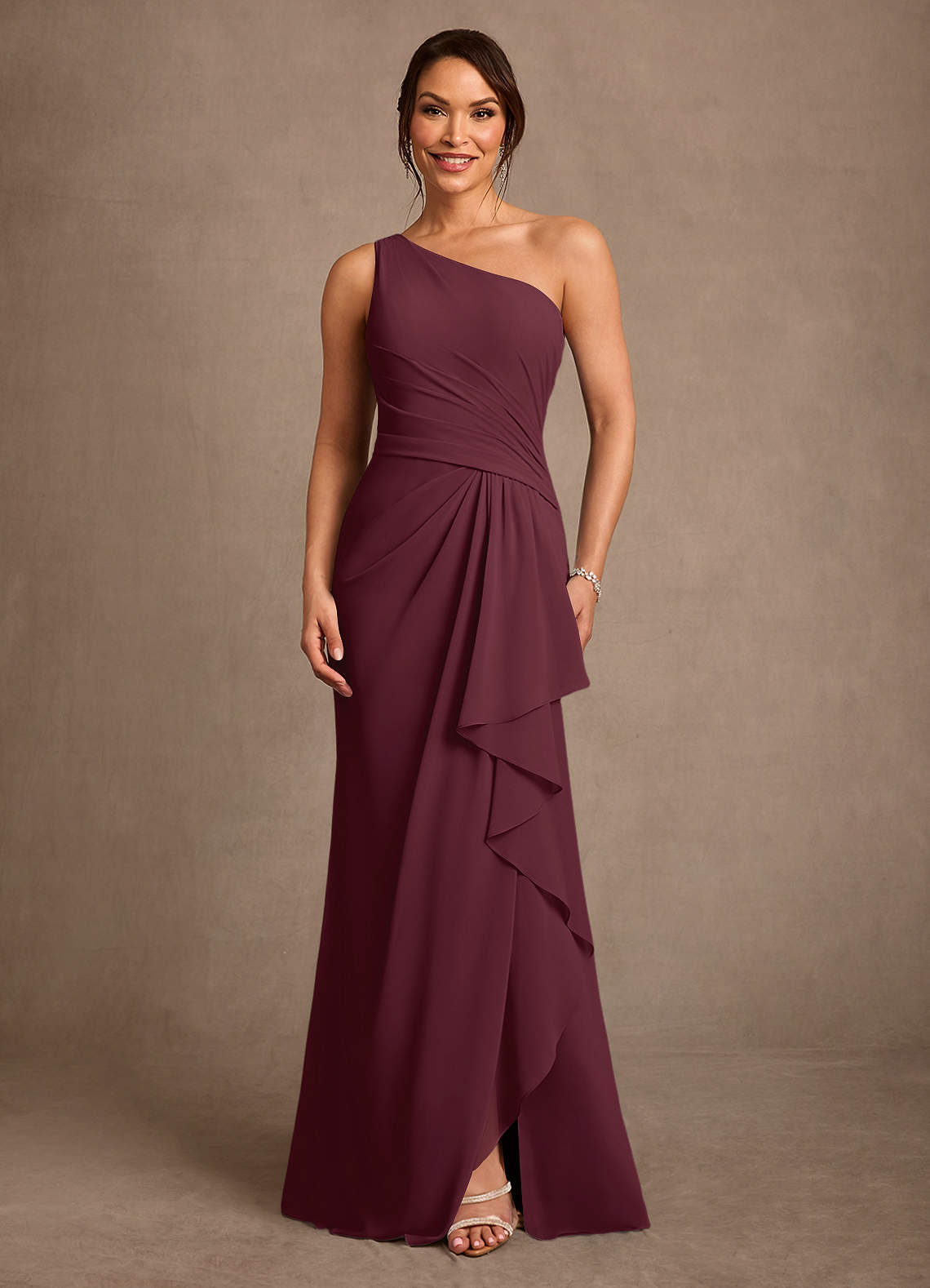 Floy Sheath One-Shoulder Chiffon Mother of the Bride Dress in Cabernet