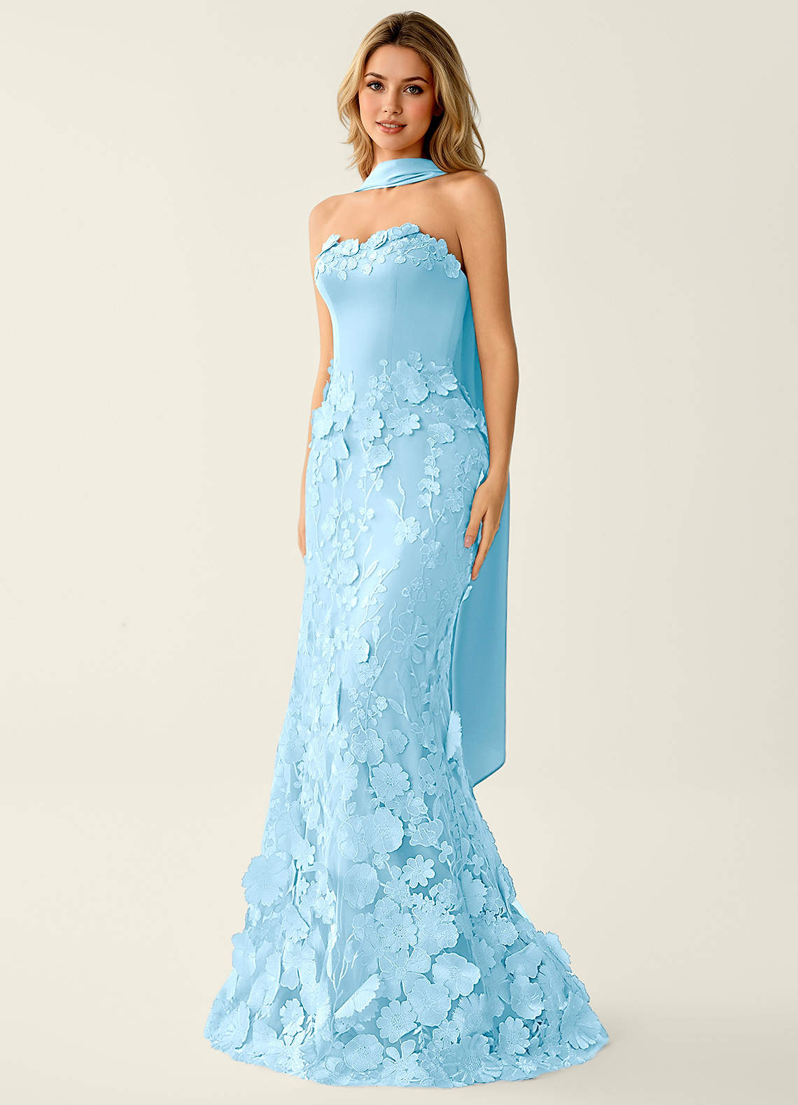 Wrensincia Mermaid Strapless Crystal Linen Satin Evening Dress in Sky Blue