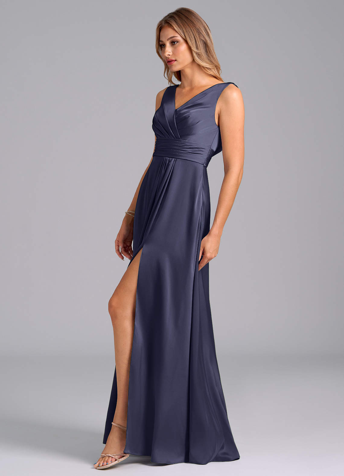 Karina A-Line V-Neck Stretch Satin Bridesmaid Dress in Stormy
