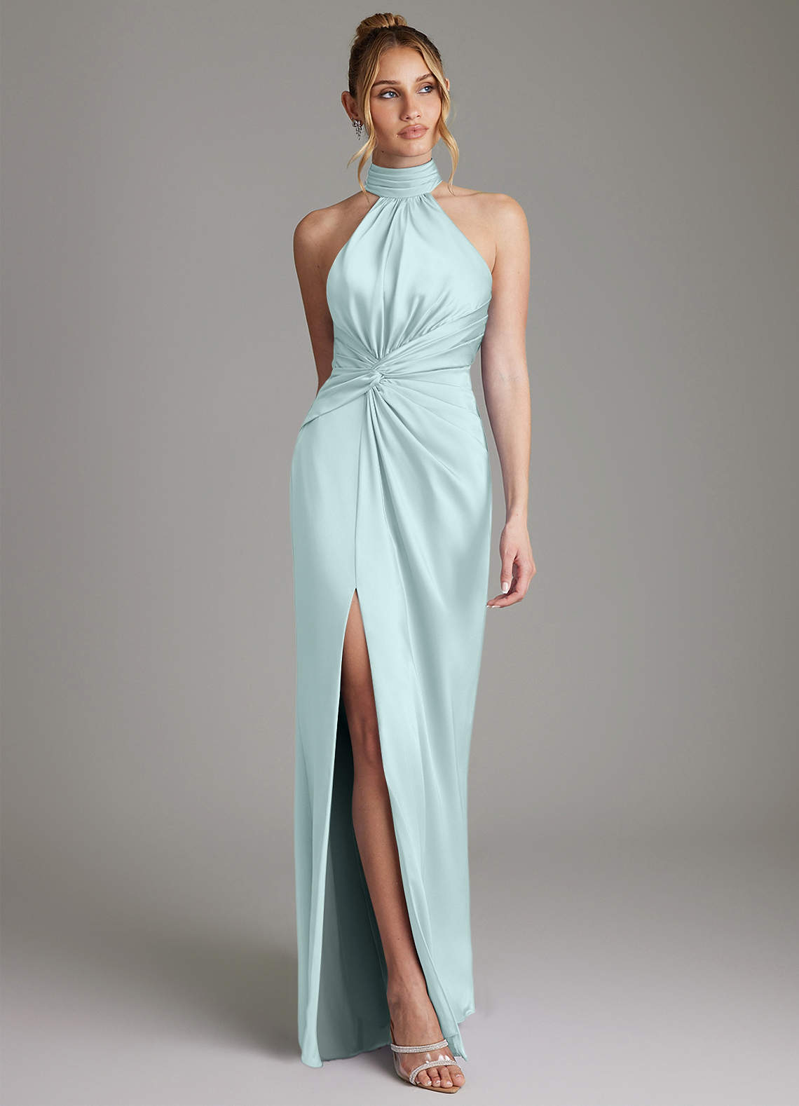 Gracelynn Sheath Halter Stretch Satin Bridesmaid Dress in Sea Glass