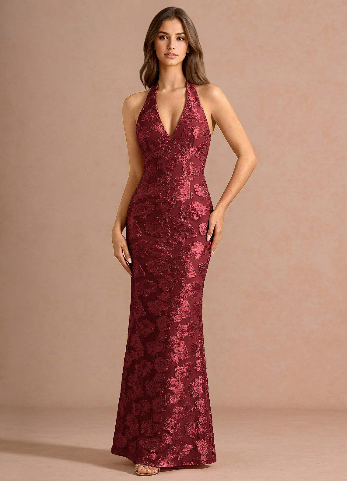 Valerie V-Neck Open-Back Fil Coupé Evening Dress in Wine