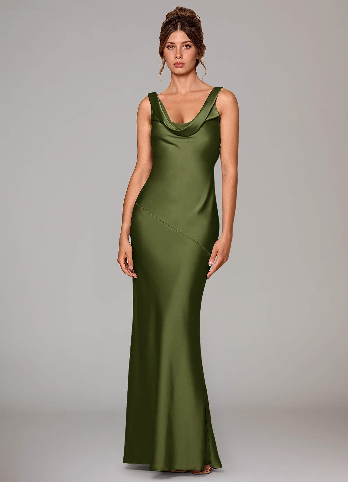Rylina Mermaid Cowl-Neck Stretch Satin Bridesmaid Dress in Olive