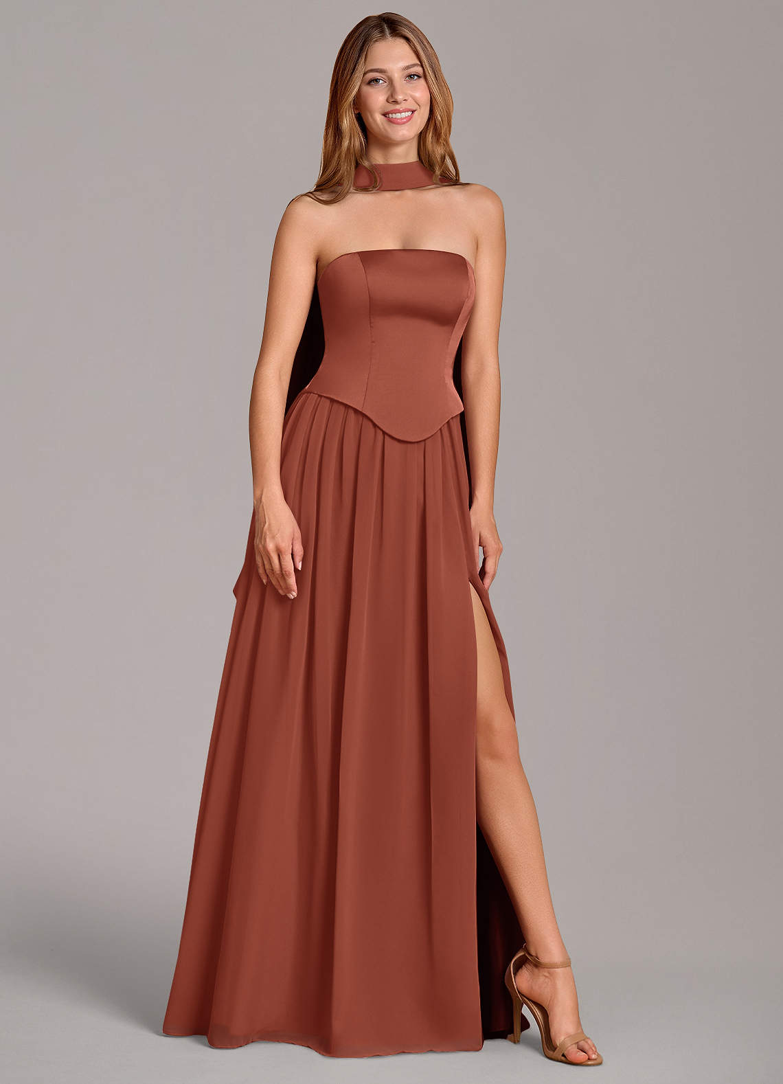 Cadence A-Line Strapless Chiffon and Stretch Satin Bridesmaid Dress in Auburn