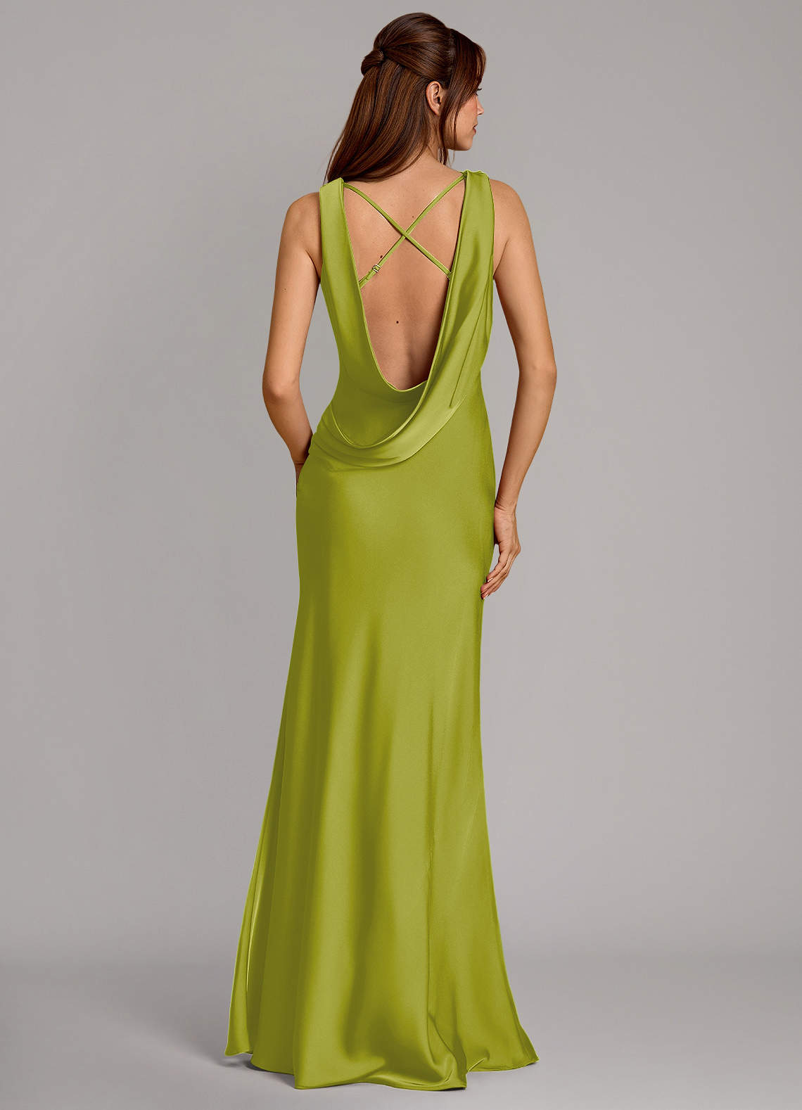 Cheryl Mermaid Cowl-Neck Stretch Satin Bridesmaid Dress in Lemongrass