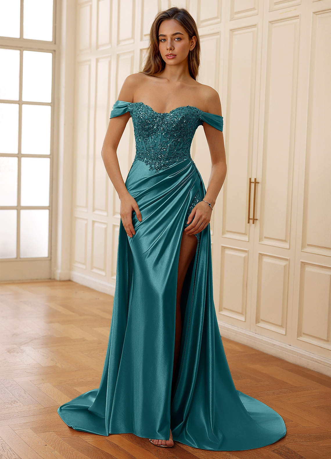 Rowane A-Line Off-the-Shoulder Satin Evening Dress in Peacock Blue