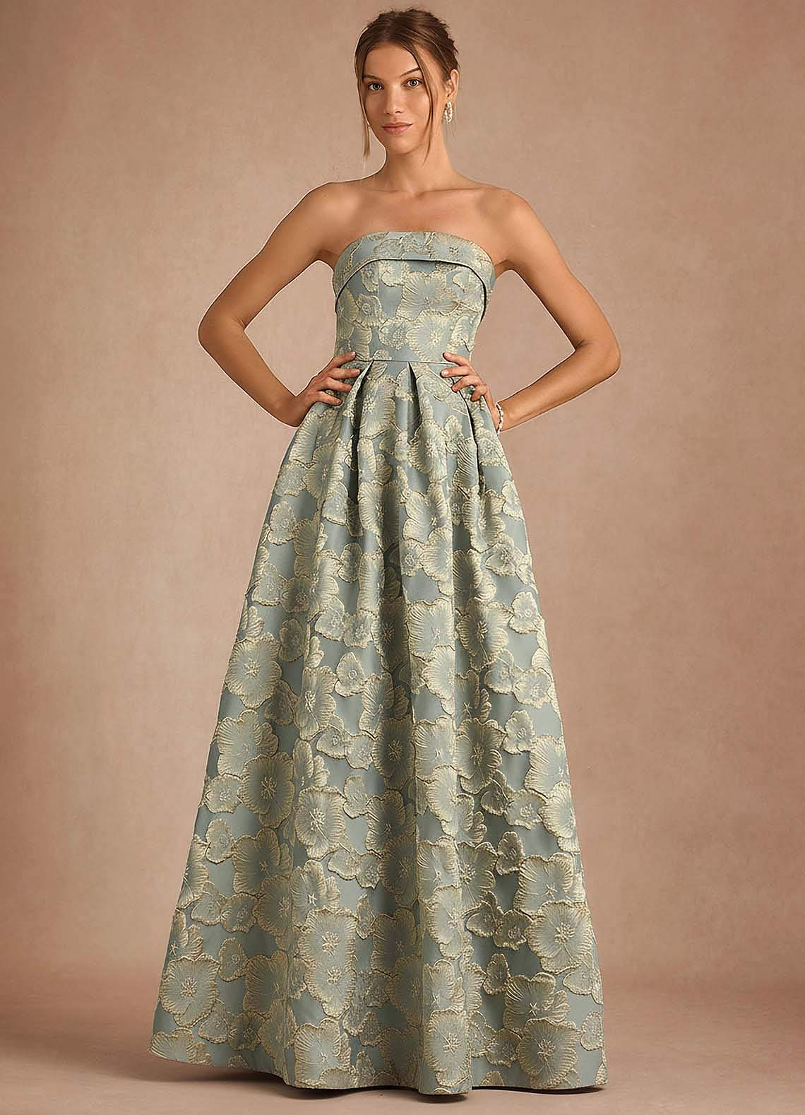 Florentine A-Line Bandeau Jacquard Taffeta Evening Dress in Blue