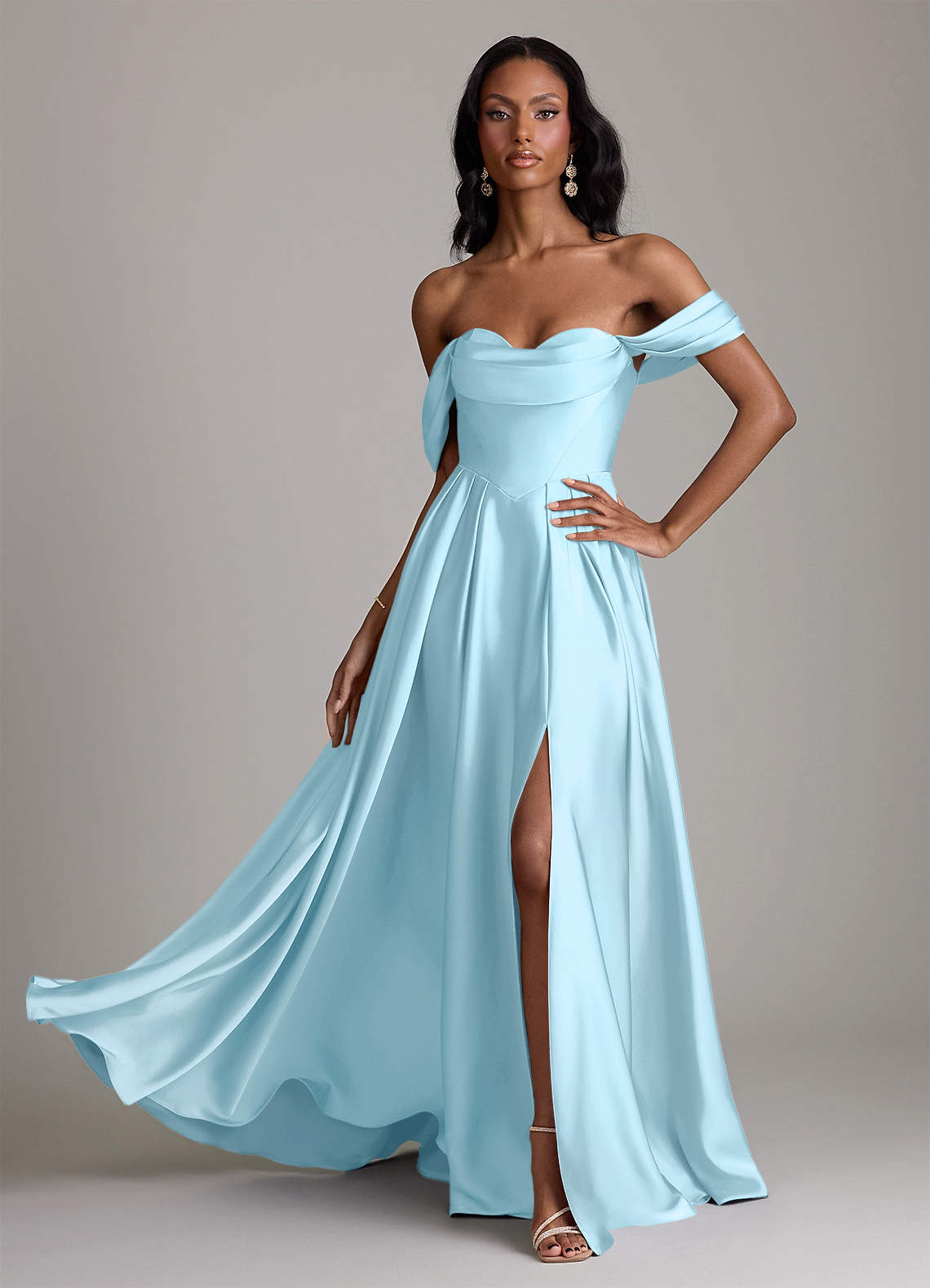 Loisa A-Line Off-the-Shoulder Stretch Satin Bridesmaid Dress in Sky Blue