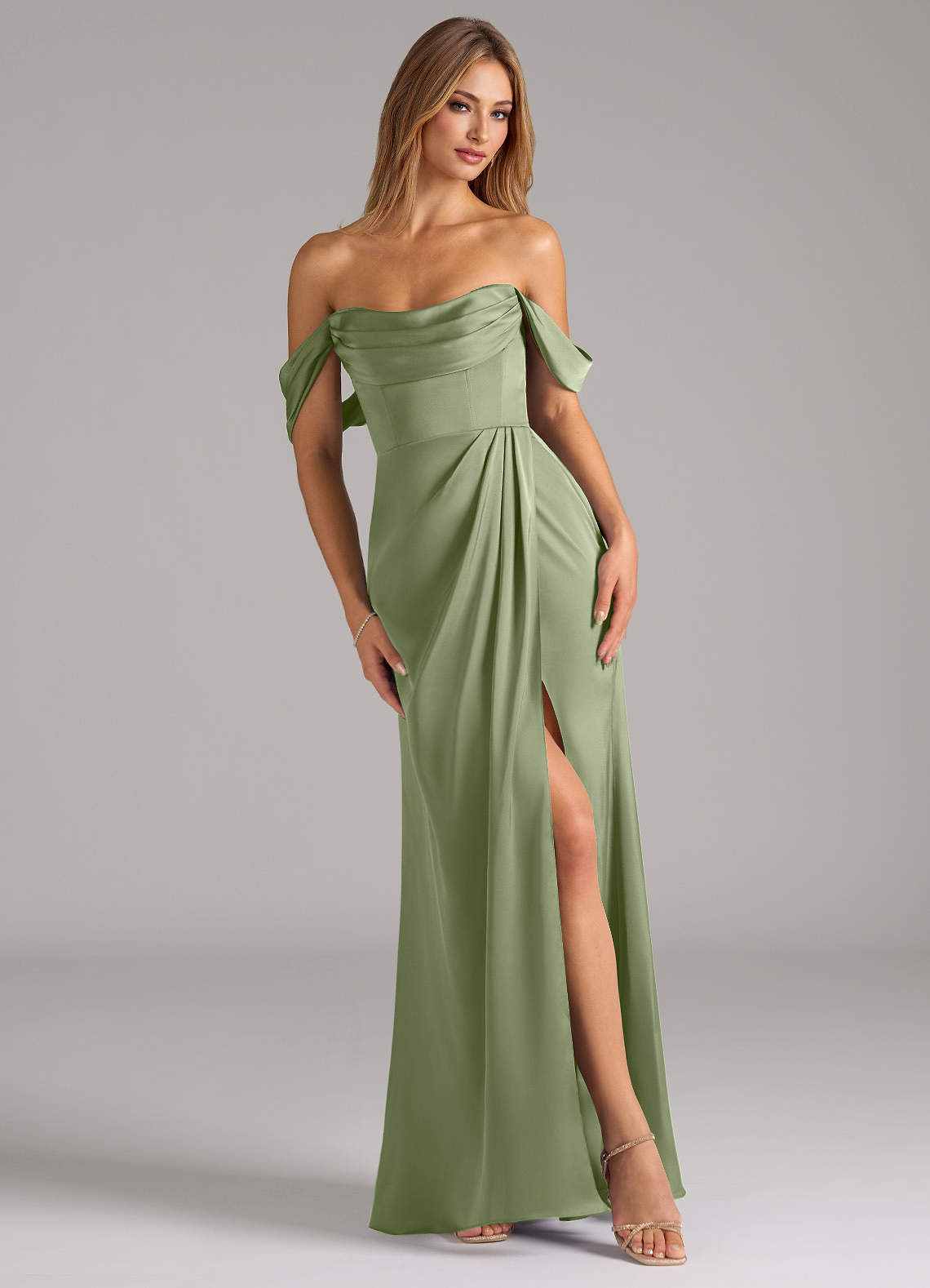 Johana Mermaid Off-the-Shoulder Stretch Satin Bridesmaid Dress in Pistachio