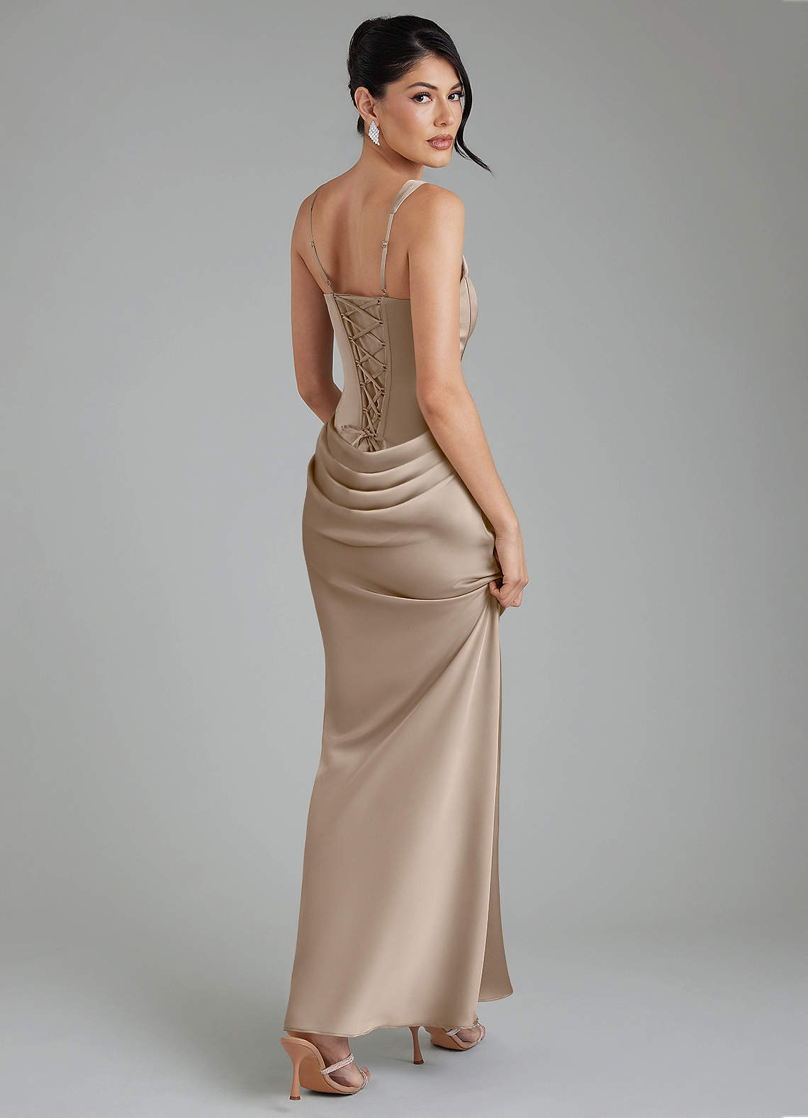 Etta Mermaid Square-Neck Stretch Satin Bridesmaid Dress in Taupe