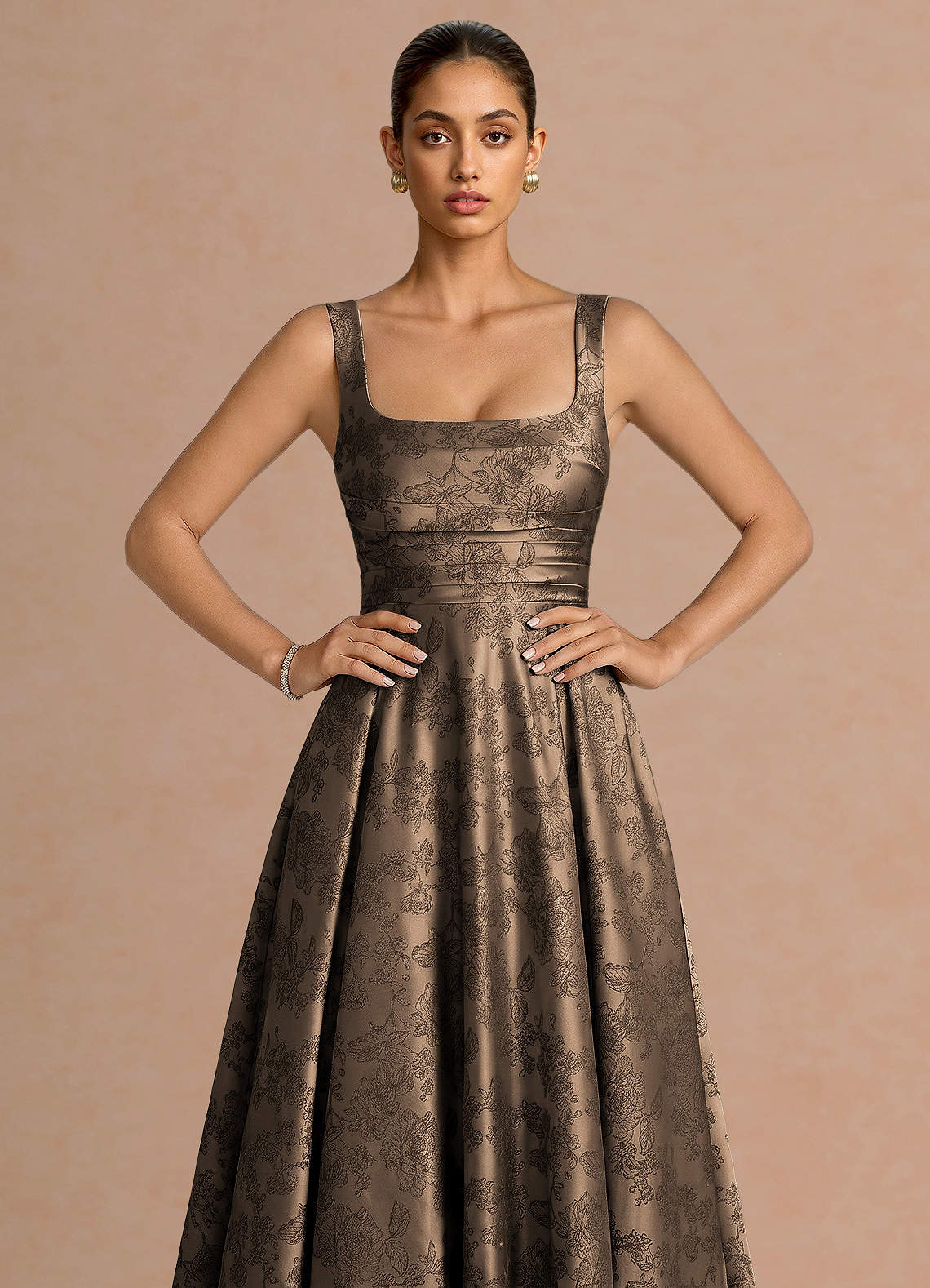 Azaria A-Line Square-Neck Jacquard Evening Dress in Coffee Brown