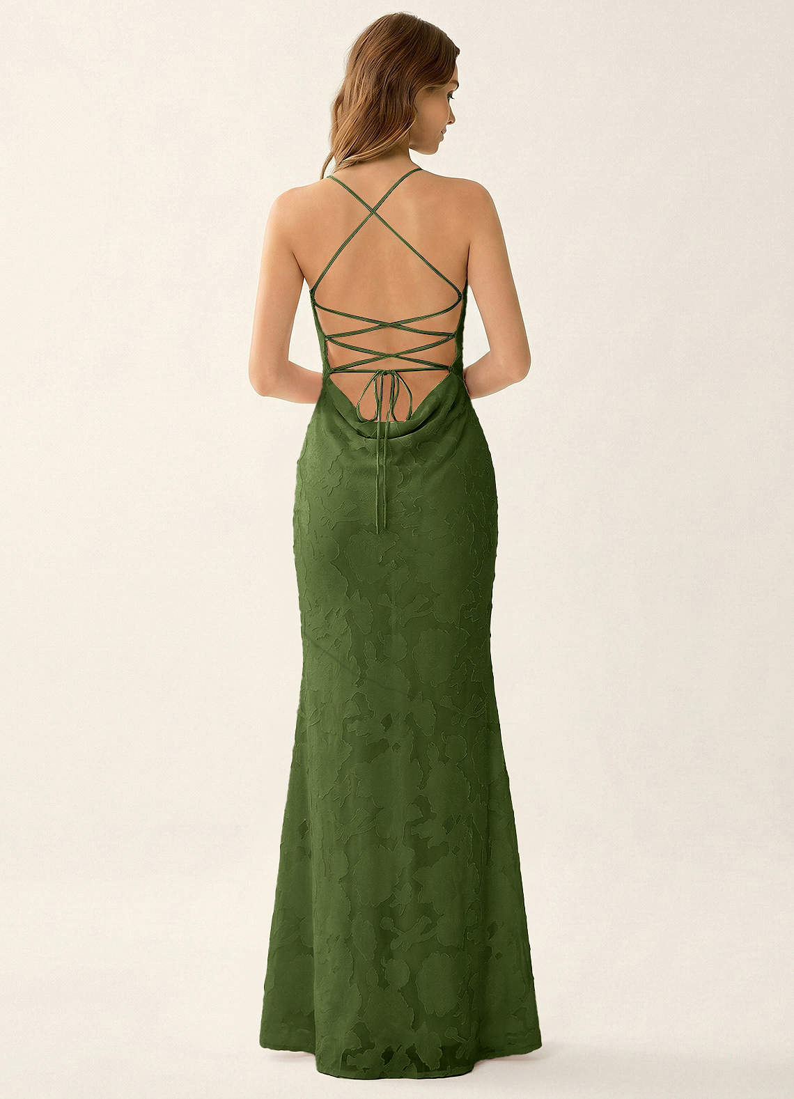 Natasha Mermaid Spaghetti-Strap Floral Burnout Evening Dress in Olive