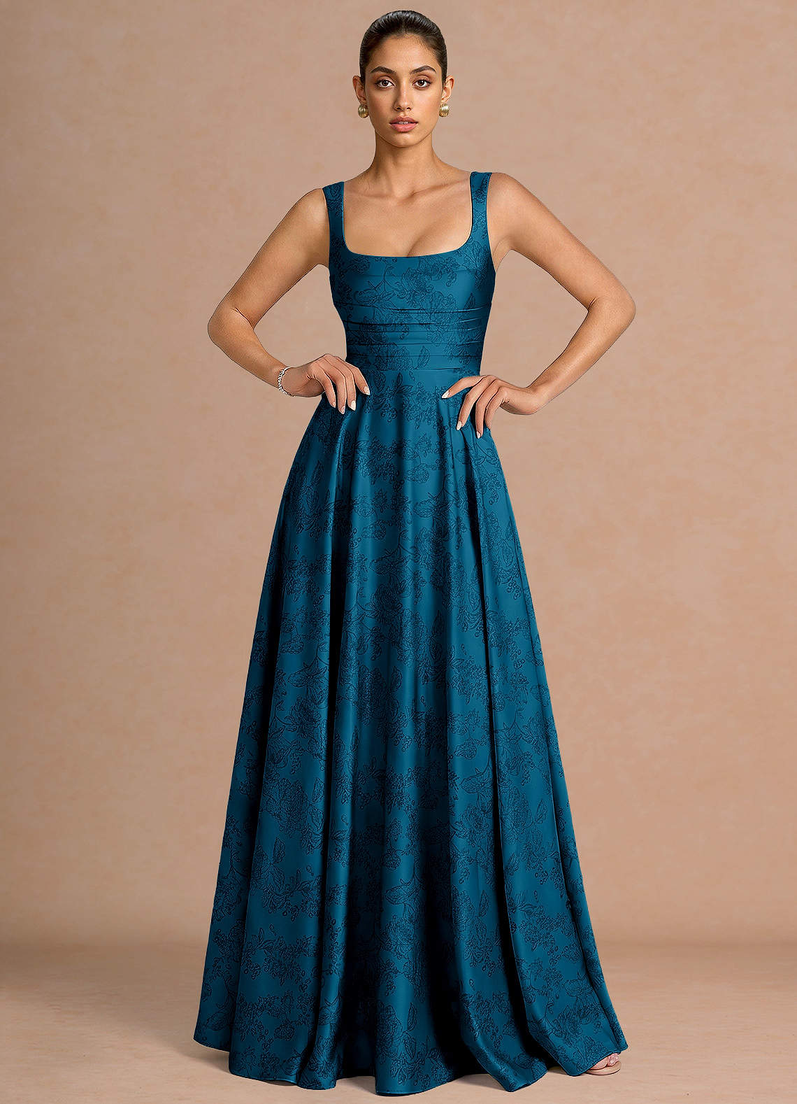 Azaria A-Line Square-Neck Jacquard Evening Dress in Moss Navy
