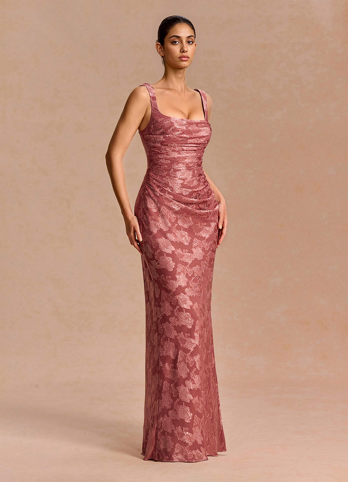 Agustina Square-Neck Pleated Fil Coupé Evening Dress in Lemon Sorbet
