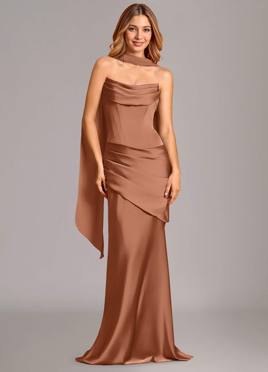 Pelagia Mermaid Cowl-Neck Stretch Satin Bridesmaid Dress in Bronzer
