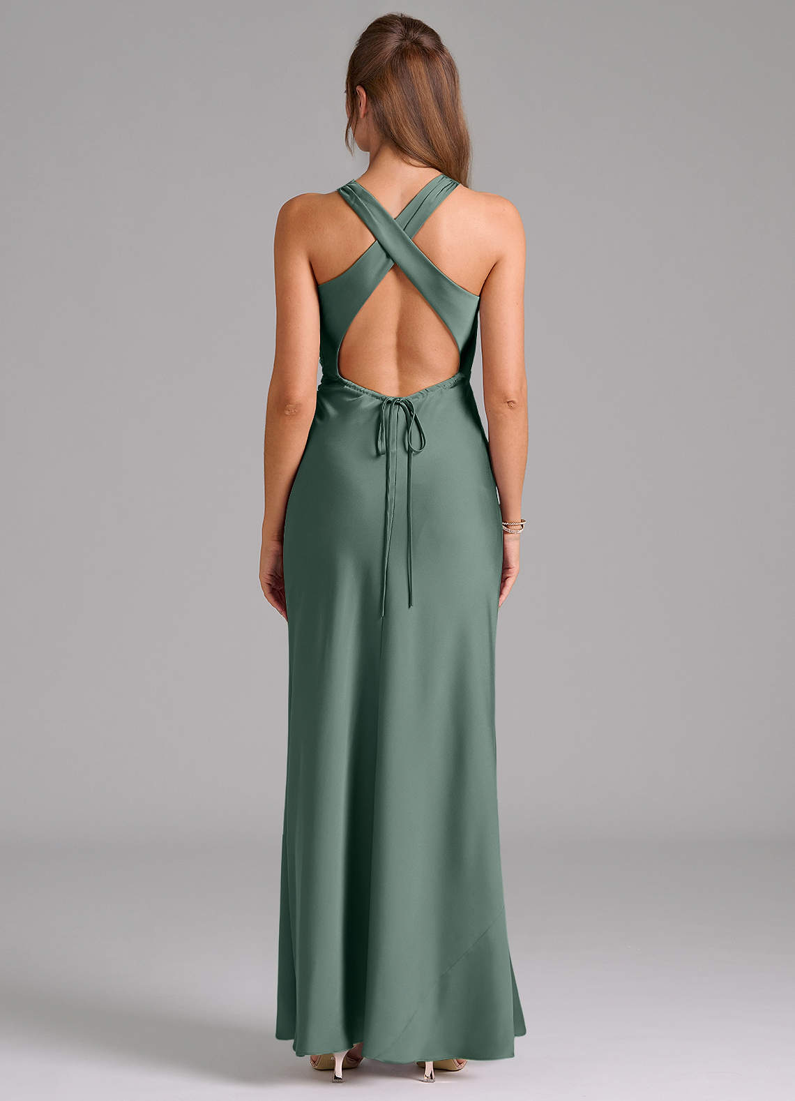 Evadne Sheath Scoop-Neck Stretch Satin Bridesmaid Dress in Sea Moss