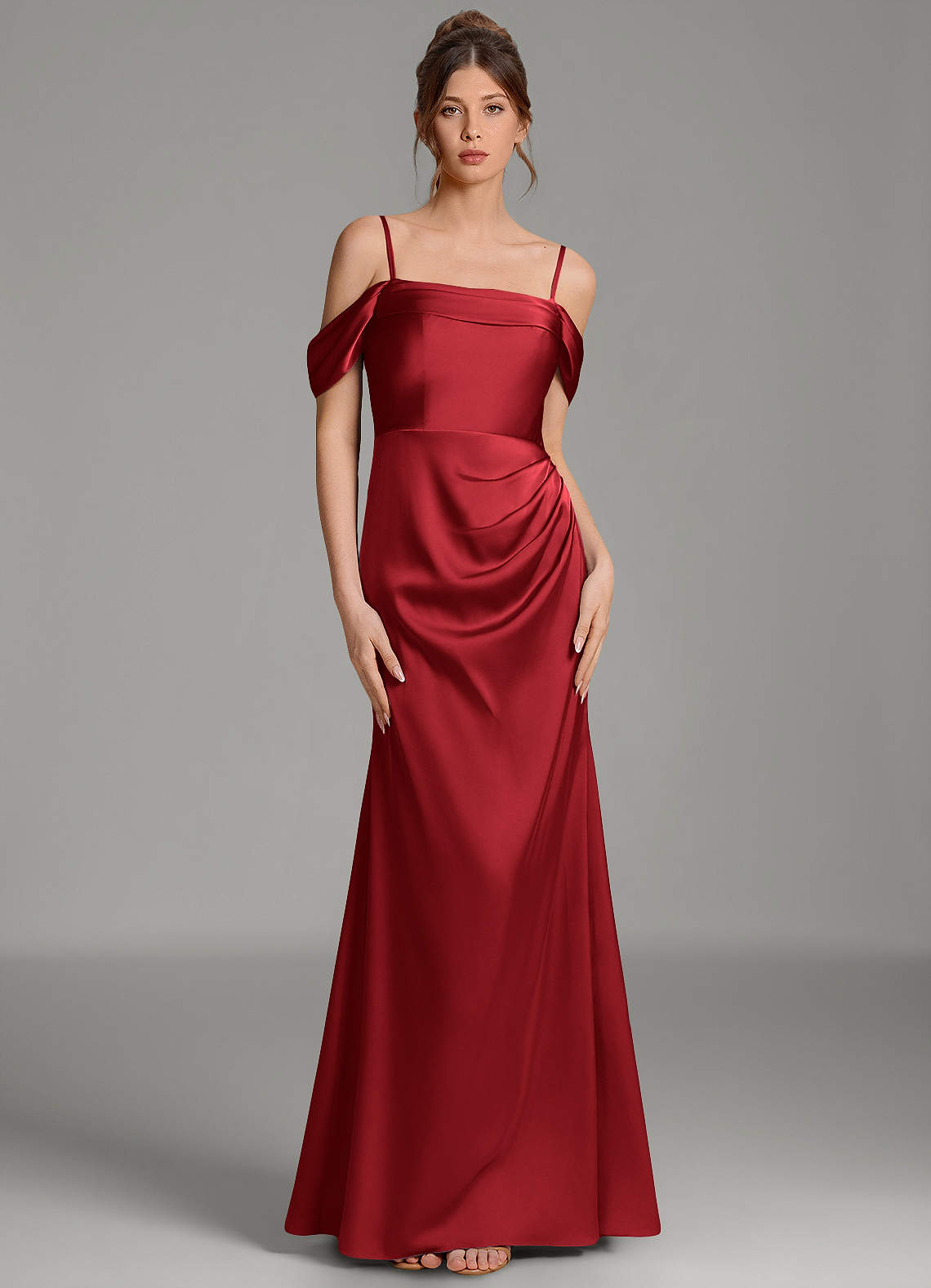Wyatt Mermaid Off-the-Shoulder Stretch Satin Bridesmaid Dress in Scarlet