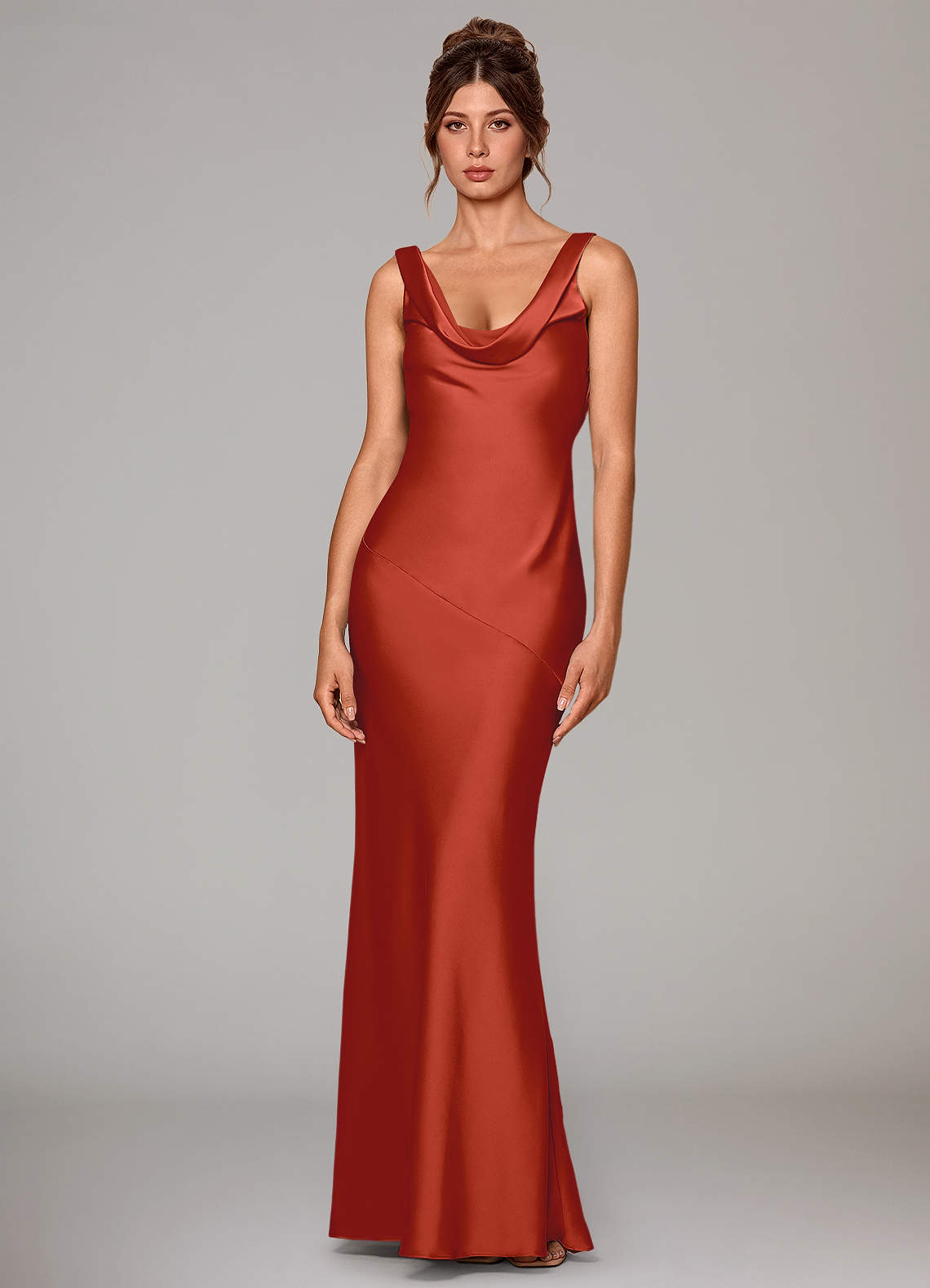 Rylina Mermaid Cowl-Neck Stretch Satin Bridesmaid Dress in Rust