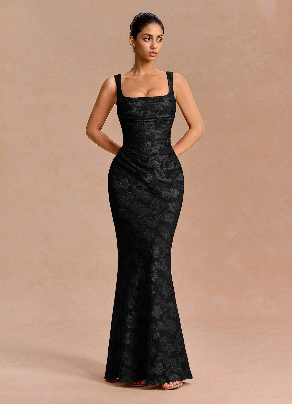 Agustina Square-Neck Pleated Fil Coupé Evening Dress in Lemon Sorbet