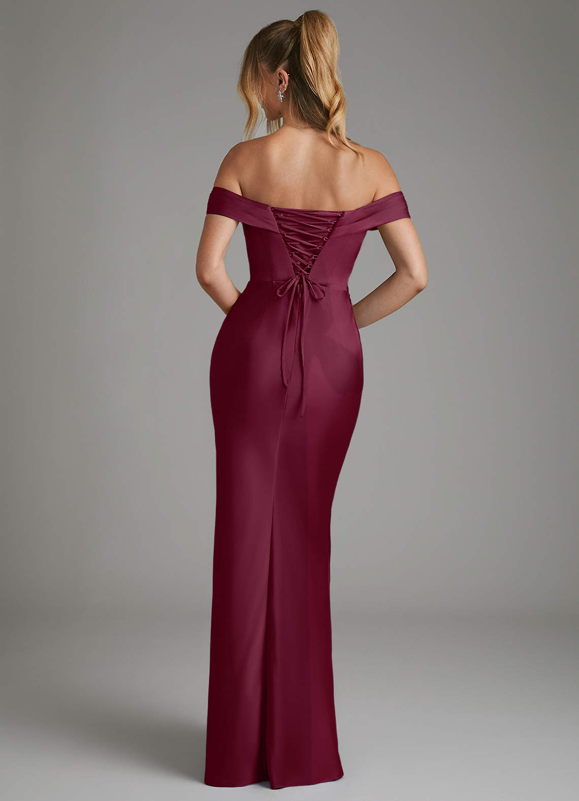Hayden Mermaid Off-the-Shoulder Stretch Satin Bridesmaid Dress in Mulberry