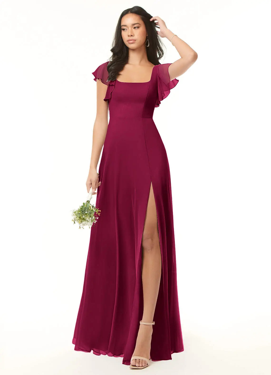 Bondi A-Line Square-Neck Chiffon Bridesmaid Dress in Burgundy