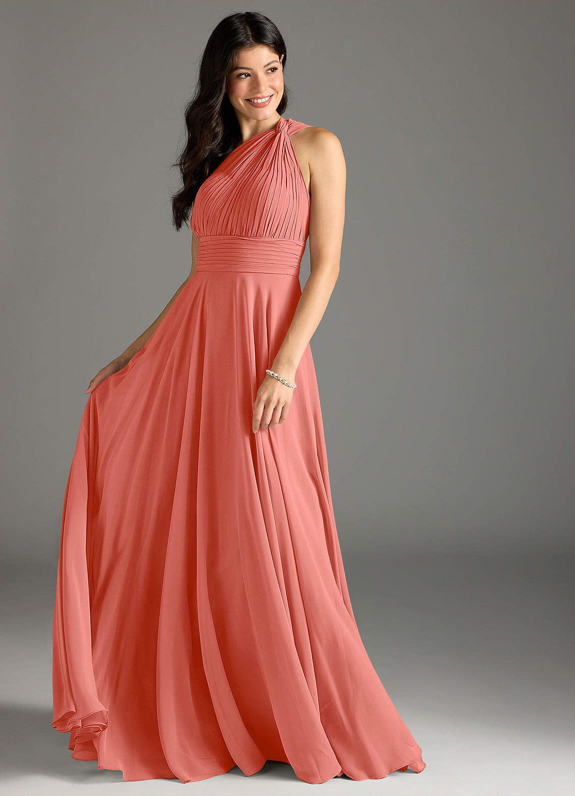 Charlize A-Line One-Shoulder Chiffon Bridesmaid Dress in Salmon Pink