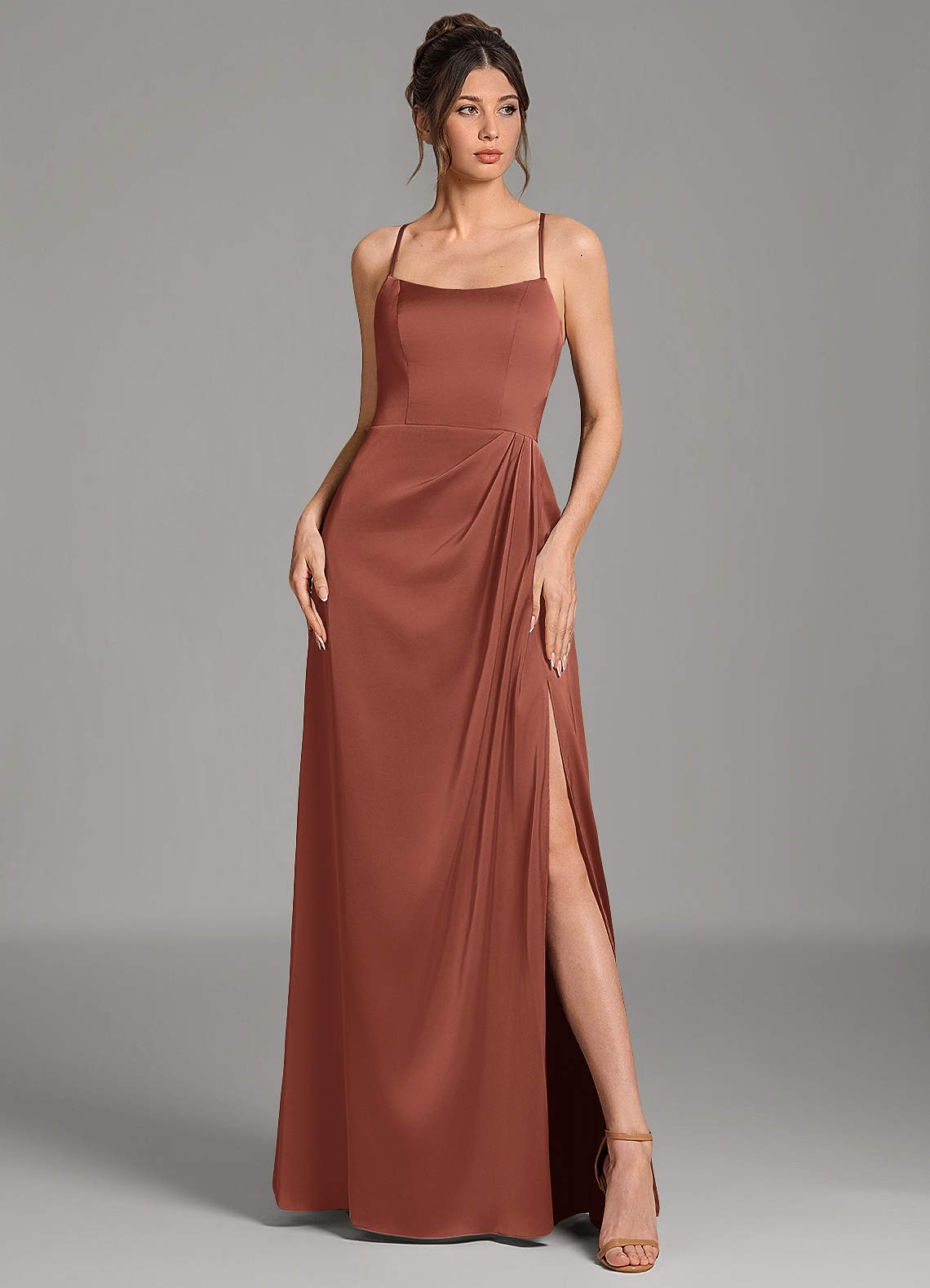 Frankie A-Line Scoop-Neck Stretch Satin Bridesmaid Dress in Auburn